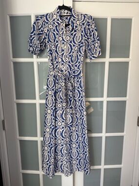 Boden Blue and White Button-Front Midi Dress with Tie Waist